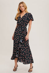 Red Floral Ruffled Hem Wrap Maxi Dress