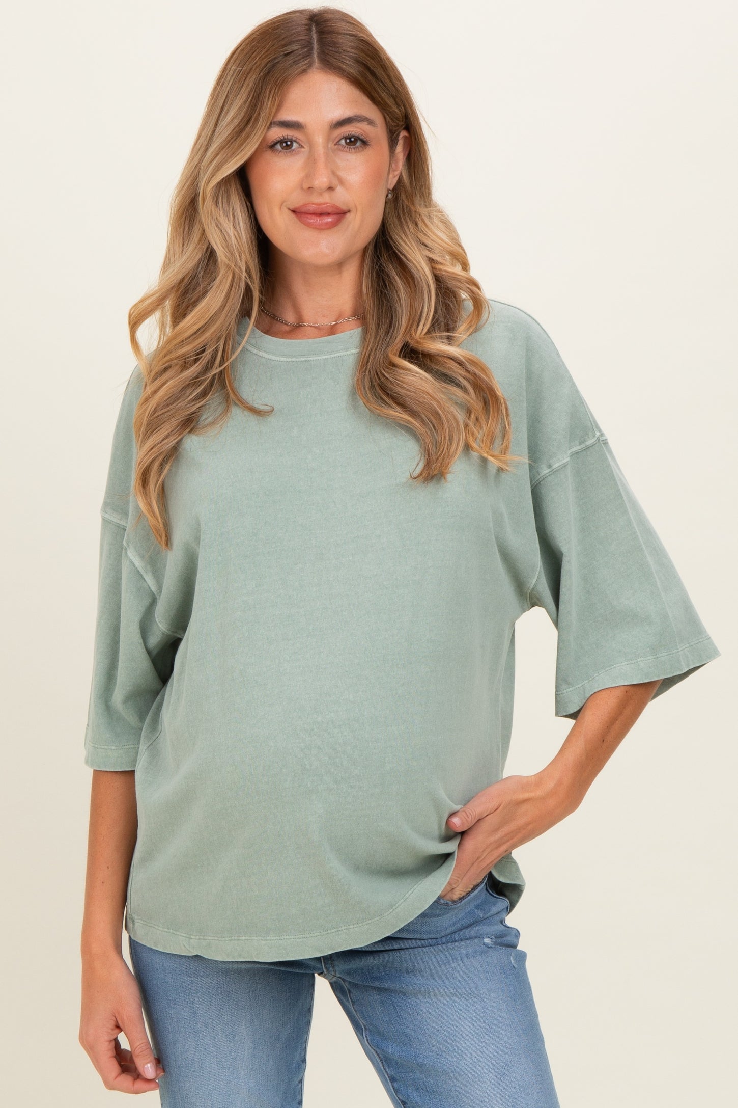 Sage Pigment Oversized Half-Sleeve Maternity T-Shirt