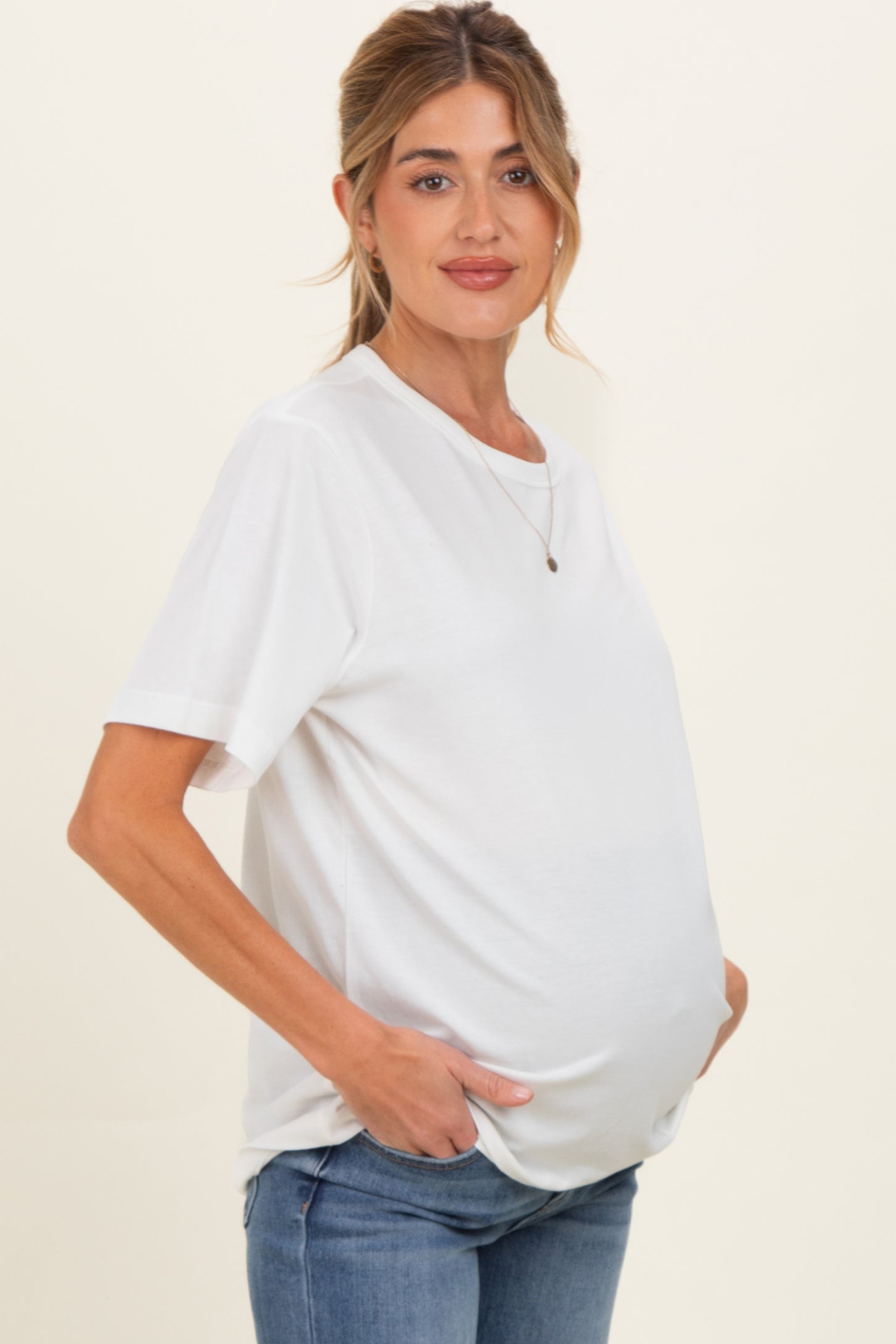 White Oversized Short Sleeve Crew Neck Maternity T-Shirt