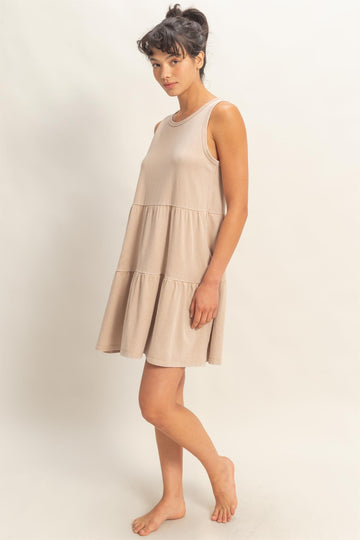 Dark Taupe Sleeveless Crewneck Tiered Mini Dress