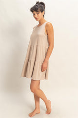 Dark Taupe Sleeveless Crewneck Tiered Mini Dress
