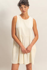 Cream Sleeveless Crewneck Tiered Mini Dress