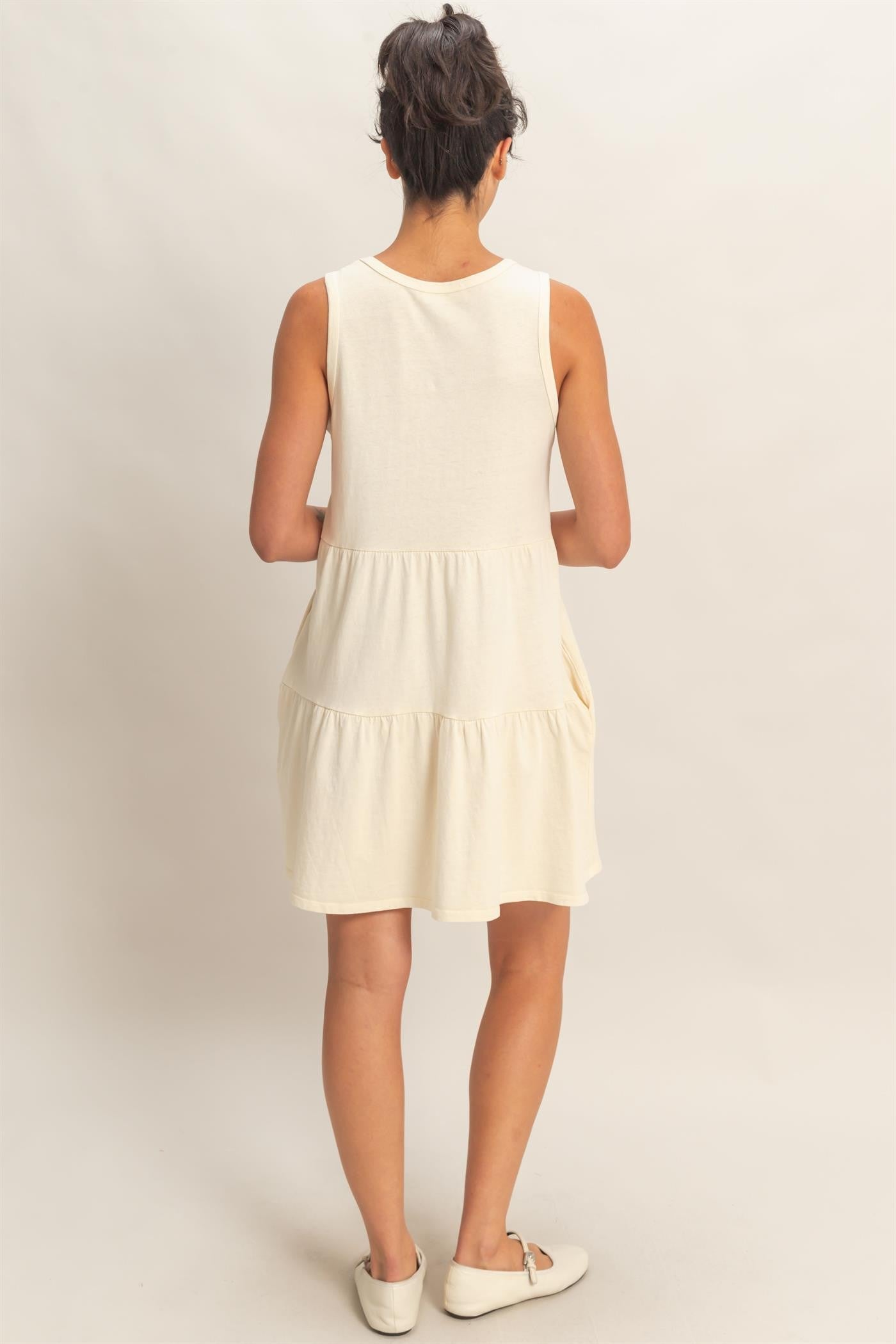 Cream Sleeveless Crewneck Tiered Mini Dress