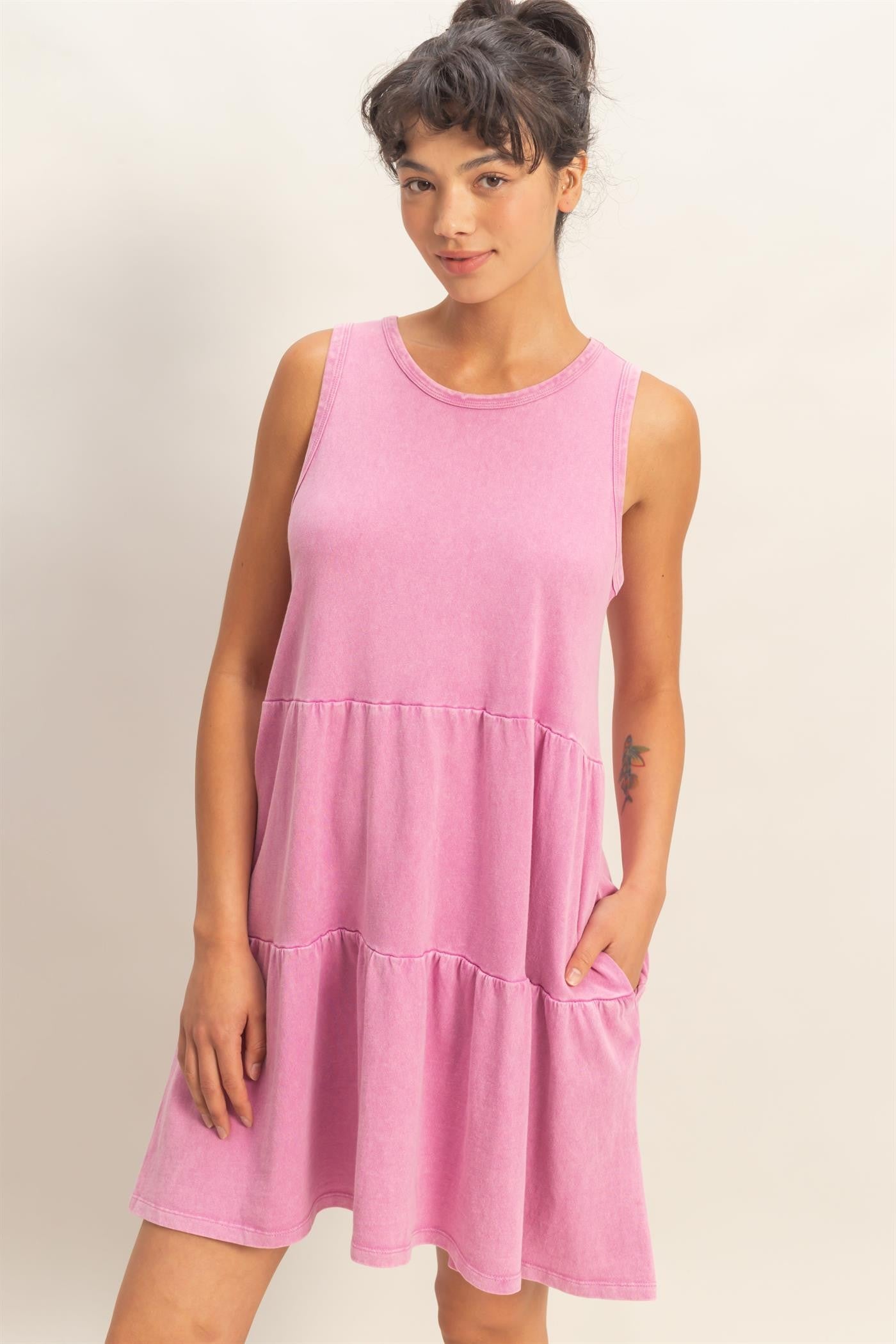 Fuchsia Sleeveless Crewneck Tiered Mini Dress