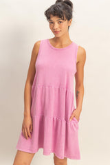 Fuchsia Sleeveless Crewneck Tiered Mini Dress