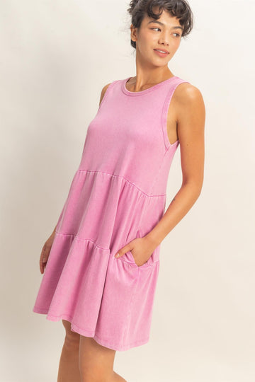 Fuchsia Sleeveless Crewneck Tiered Mini Dress