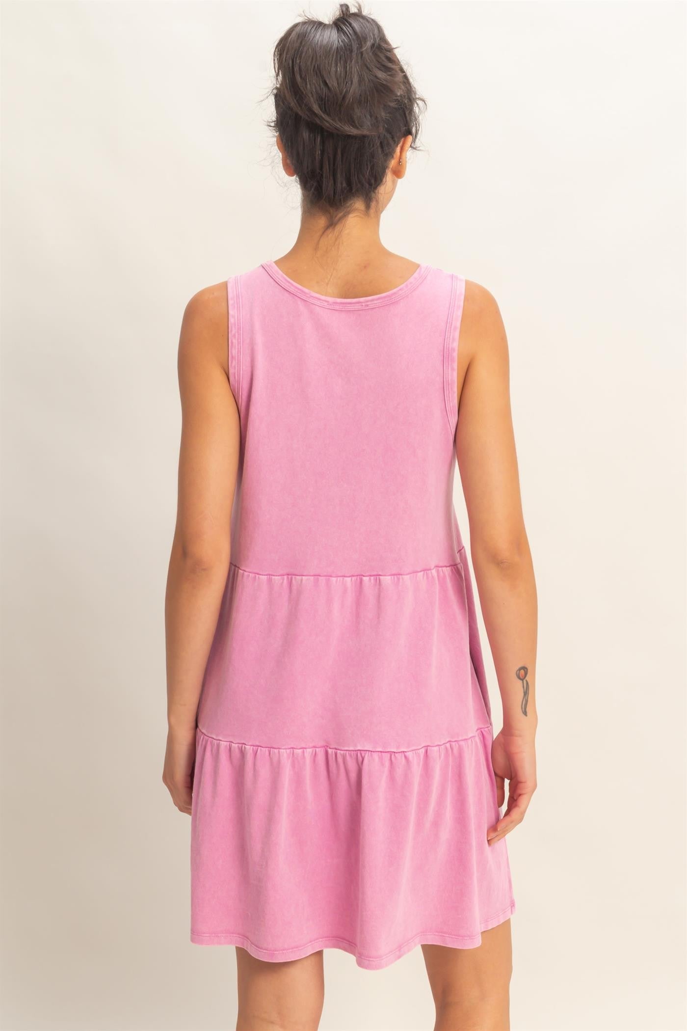 Fuchsia Sleeveless Crewneck Tiered Mini Dress