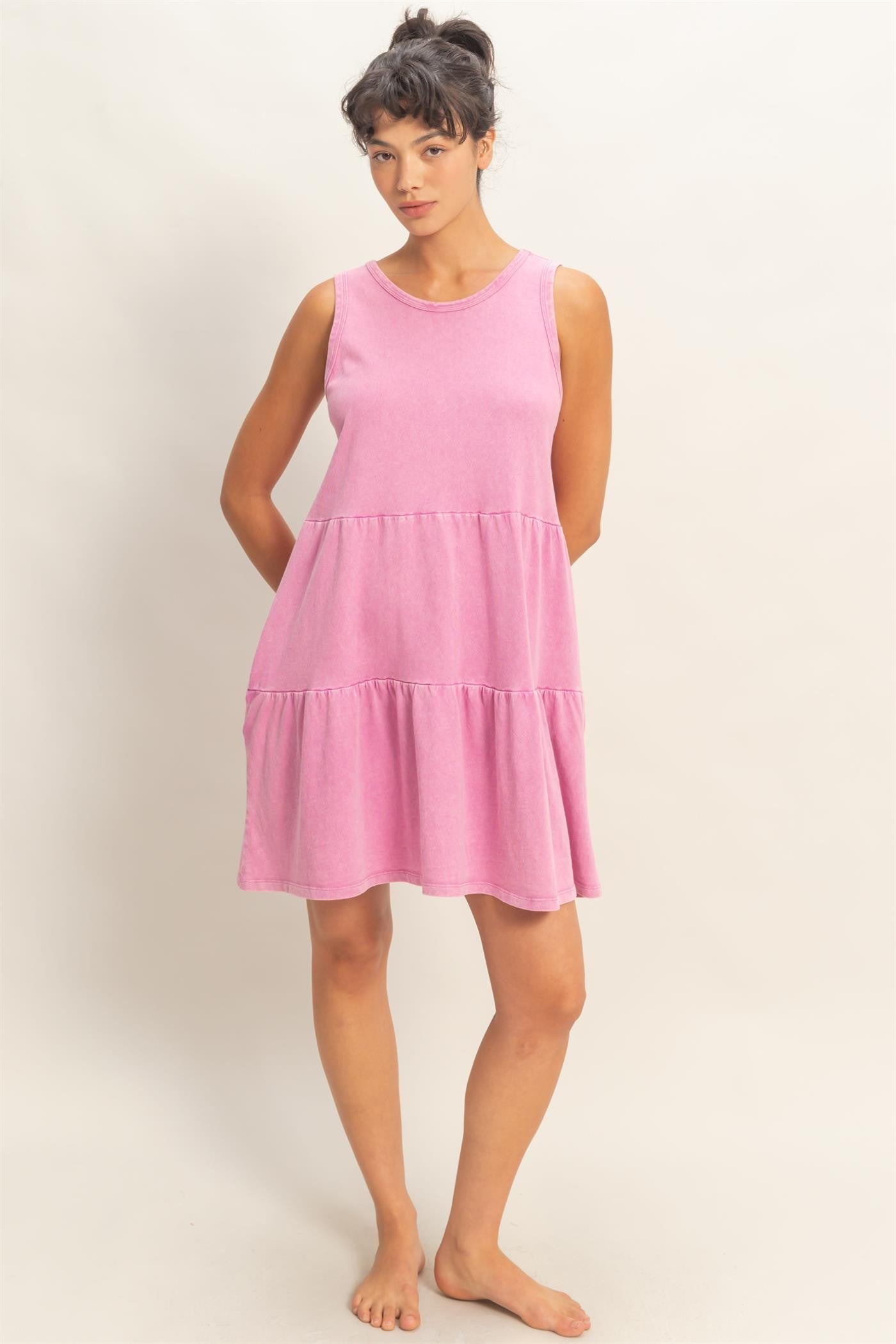 Fuchsia Sleeveless Crewneck Tiered Mini Dress