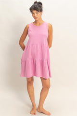 Fuchsia Sleeveless Crewneck Tiered Mini Dress