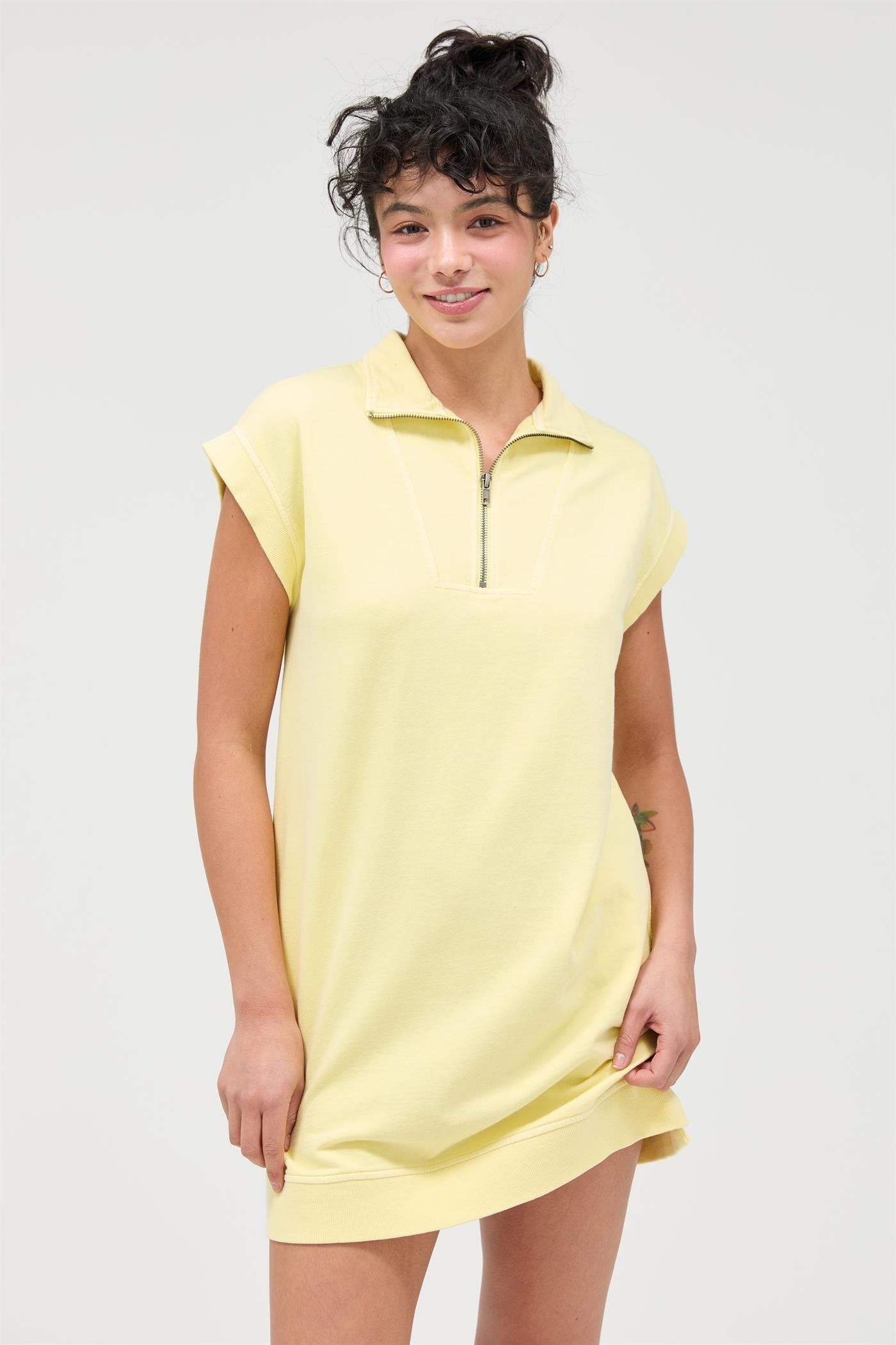 Yellow Half Zip Up Mock Neck Maternity Mini Dress