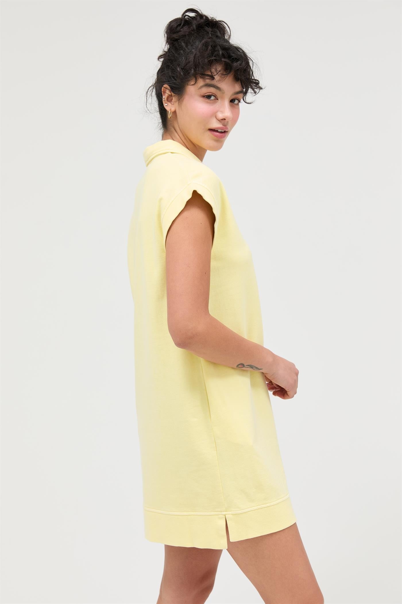 Yellow Half Zip Up Mock Neck Mini Dress