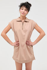 Taupe Half Zip Up Mock Neck Mini Dress