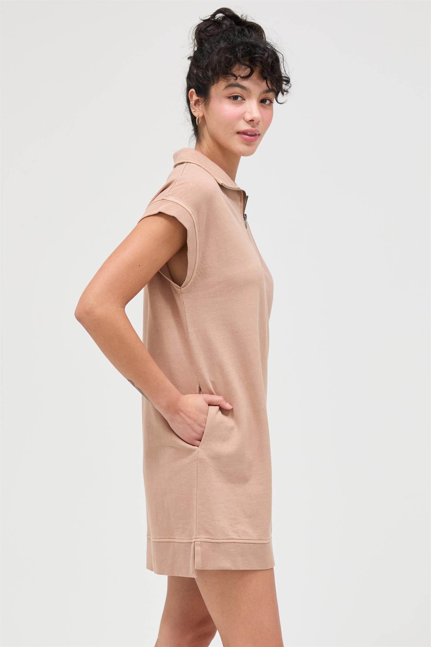 Taupe Half Zip Up Mock Neck Mini Dress