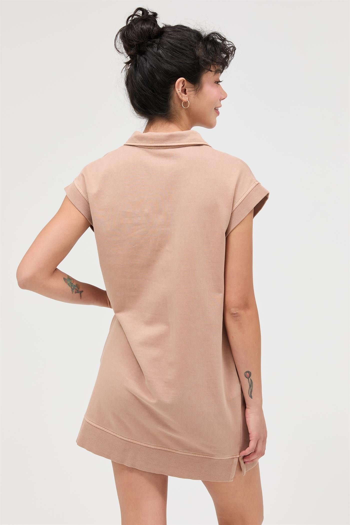 Taupe Half Zip Up Mock Neck Mini Dress