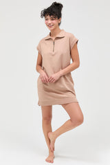 Taupe Half Zip Up Mock Neck Mini Dress