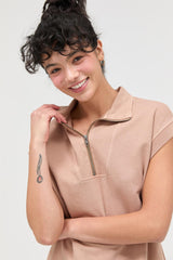 Taupe Half Zip Up Mock Neck Mini Dress