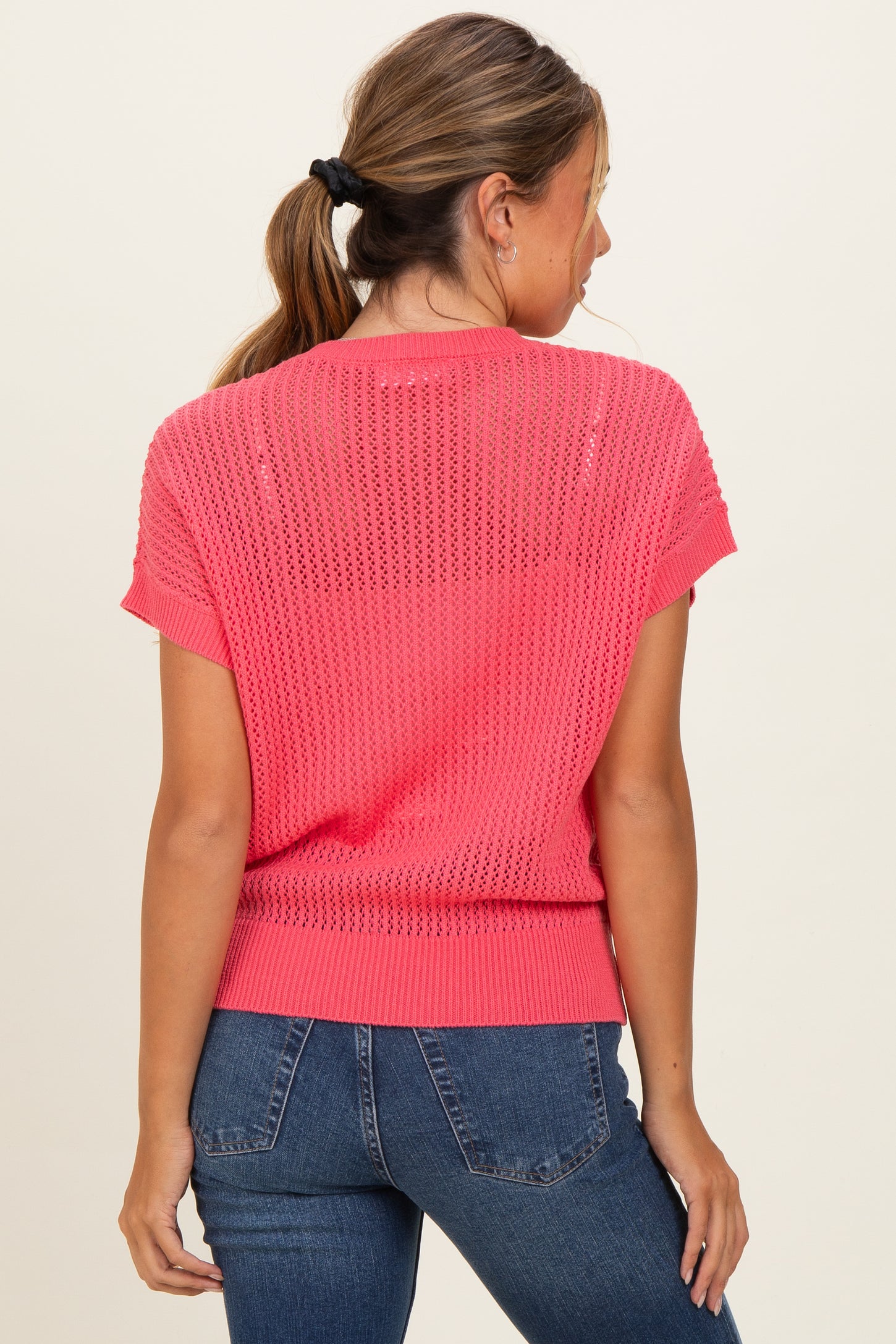 Pink Open-Knit Dolman Sleeve Top