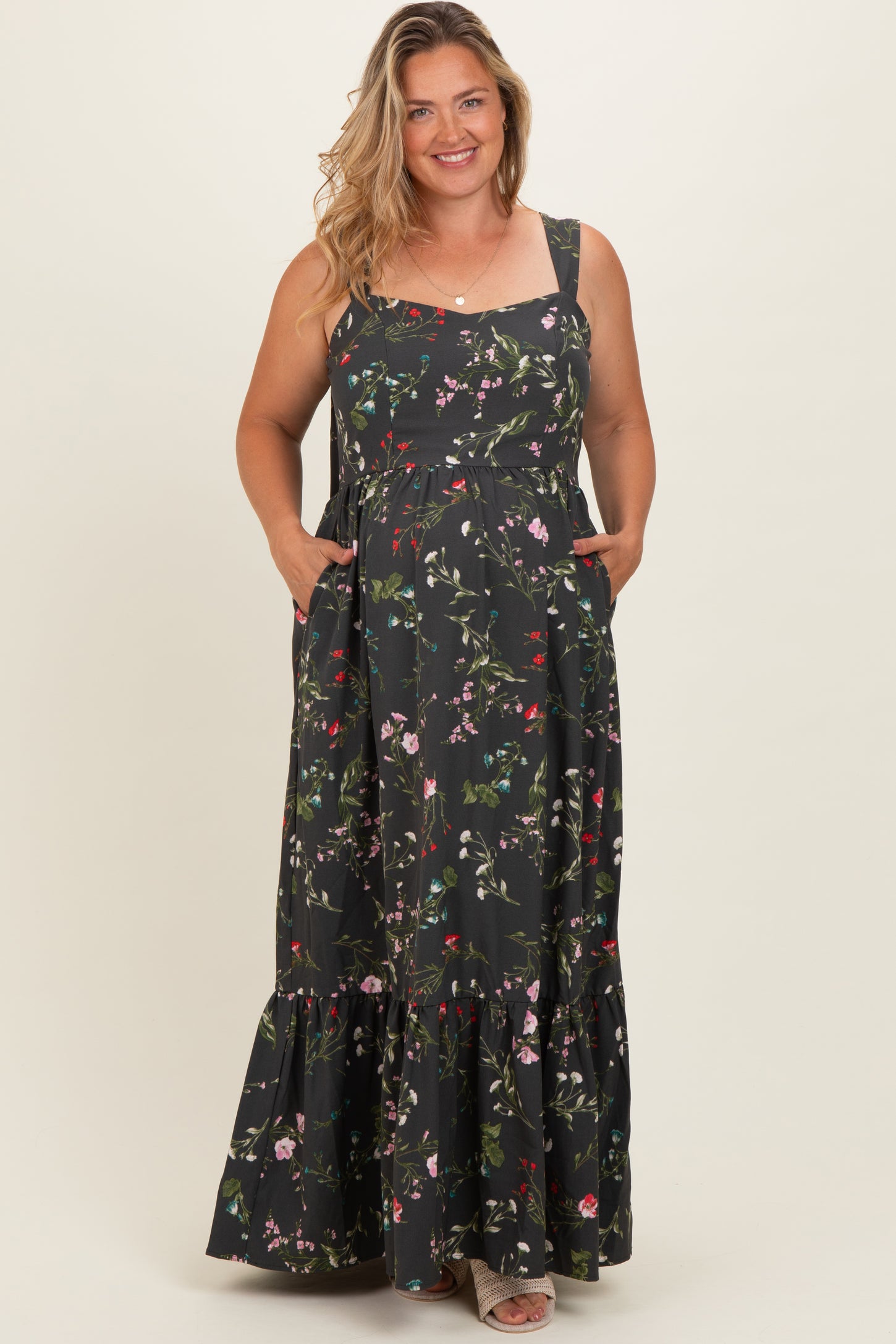 Forest Green Floral Bow Strap Maternity Plus Maxi Dress