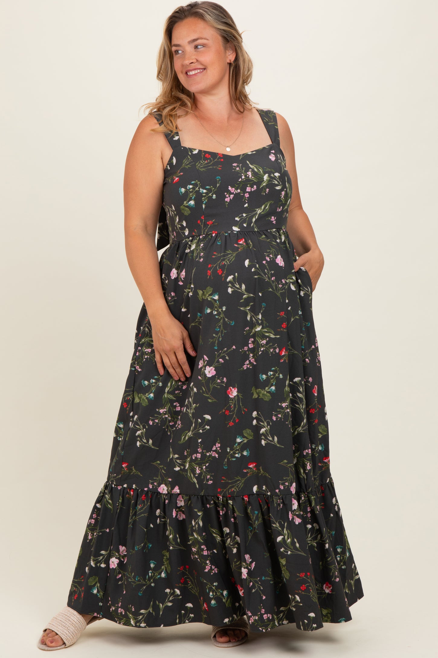Forest Green Floral Bow Strap Maternity Plus Maxi Dress