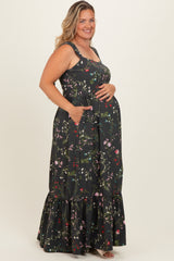 Forest Green Floral Bow Strap Maternity Plus Maxi Dress