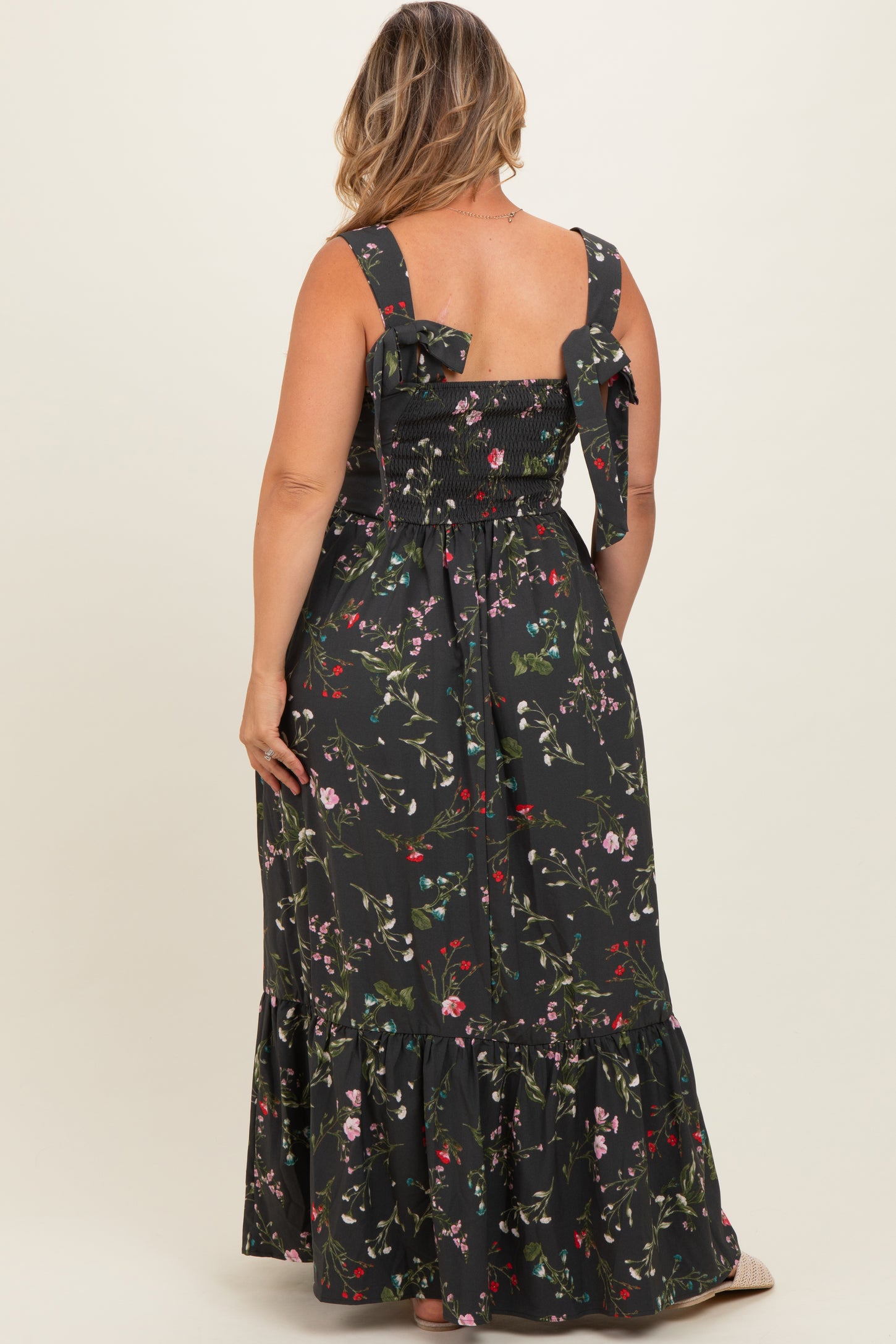 Forest Green Floral Bow Strap Maternity Plus Maxi Dress