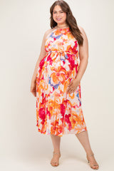 Coral Floral Pleated Maternity Plus Midi Dress