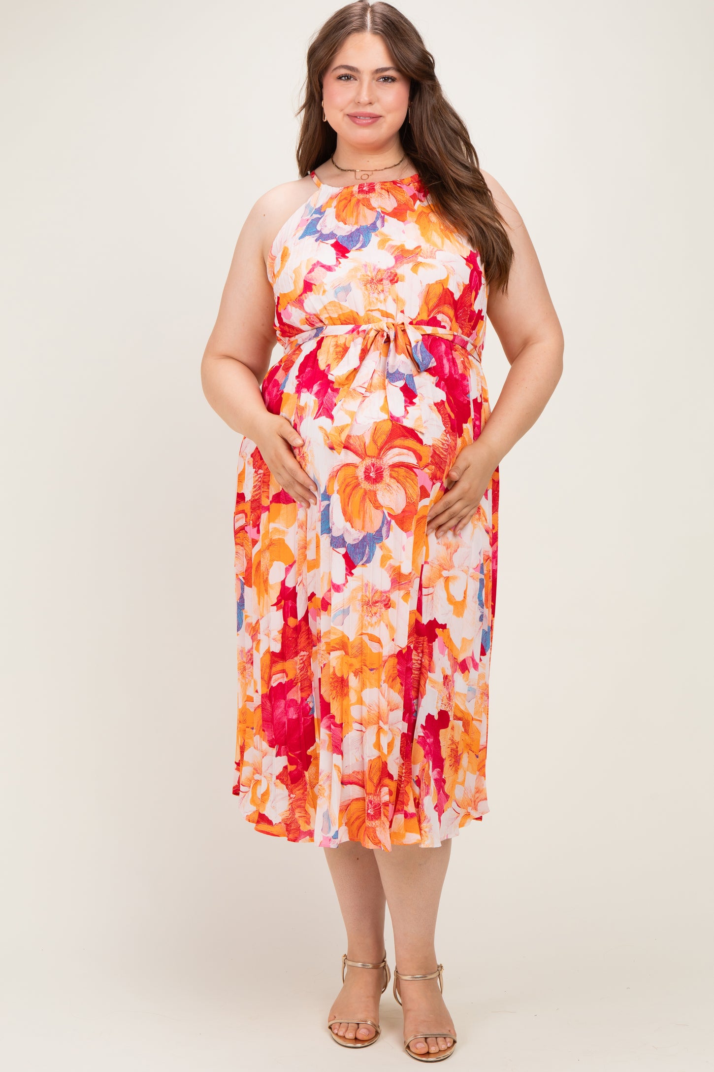 Coral Floral Pleated Maternity Plus Midi Dress