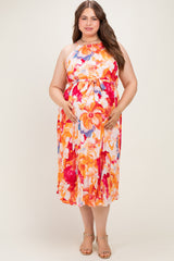 Coral Floral Pleated Maternity Plus Midi Dress