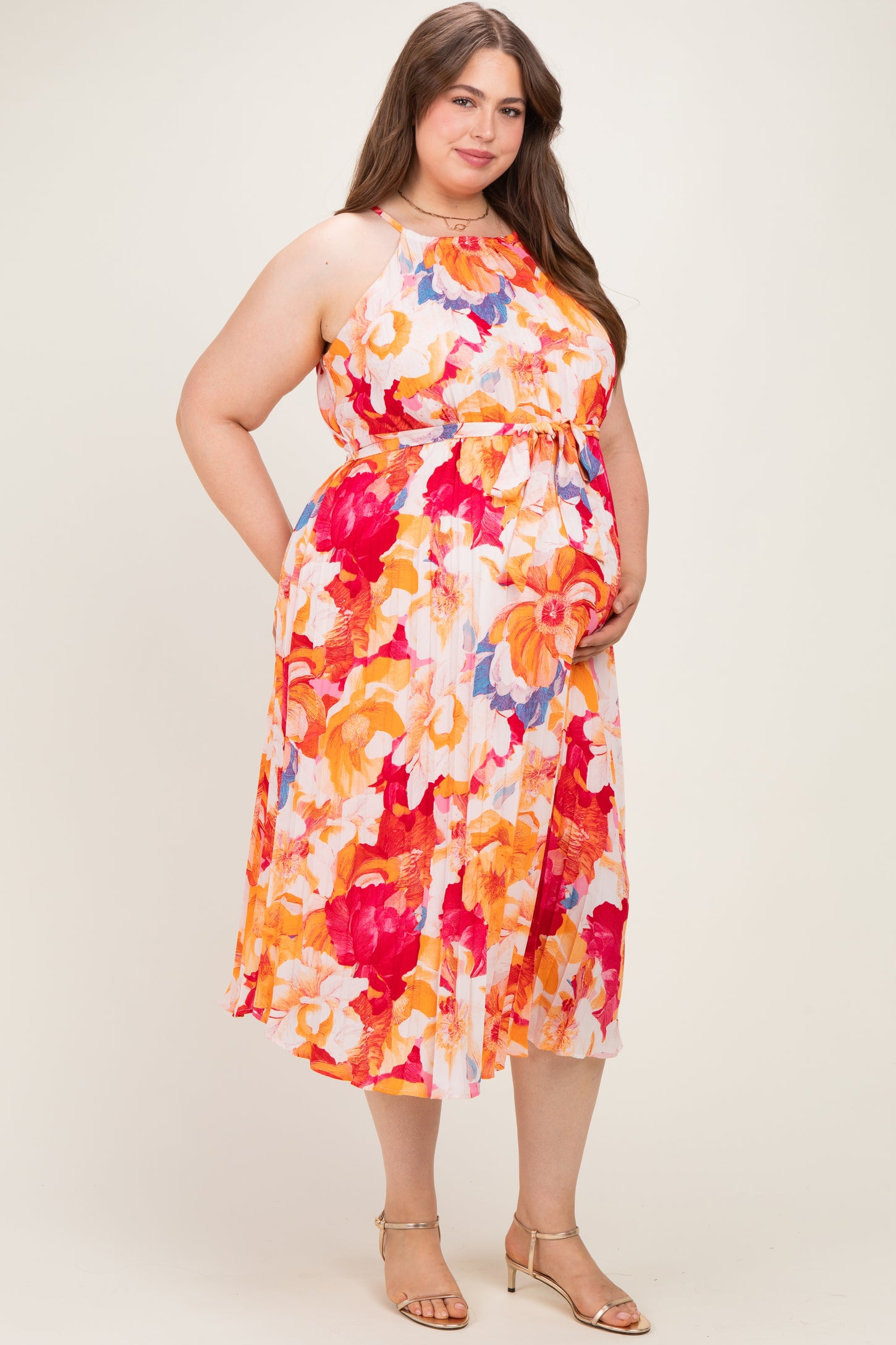 Coral Floral Pleated Maternity Plus Midi Dress