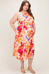 Coral Floral Pleated Maternity Plus Midi Dress