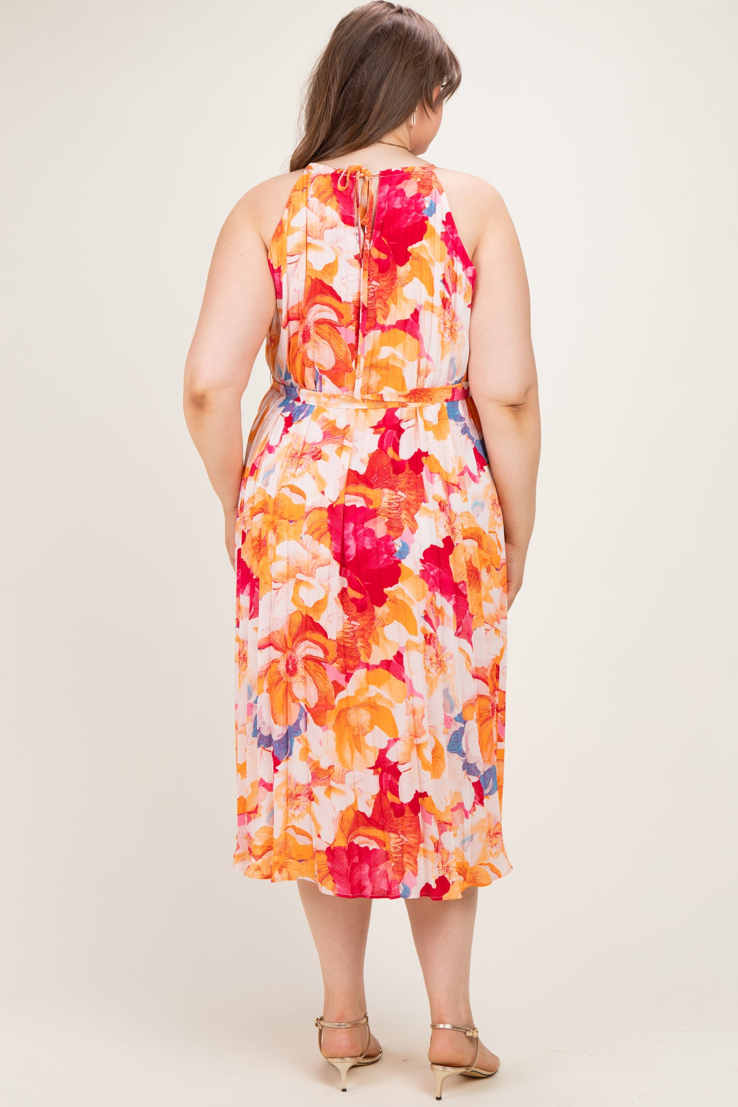 Coral Floral Pleated Maternity Plus Midi Dress