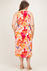 Coral Floral Pleated Maternity Plus Midi Dress