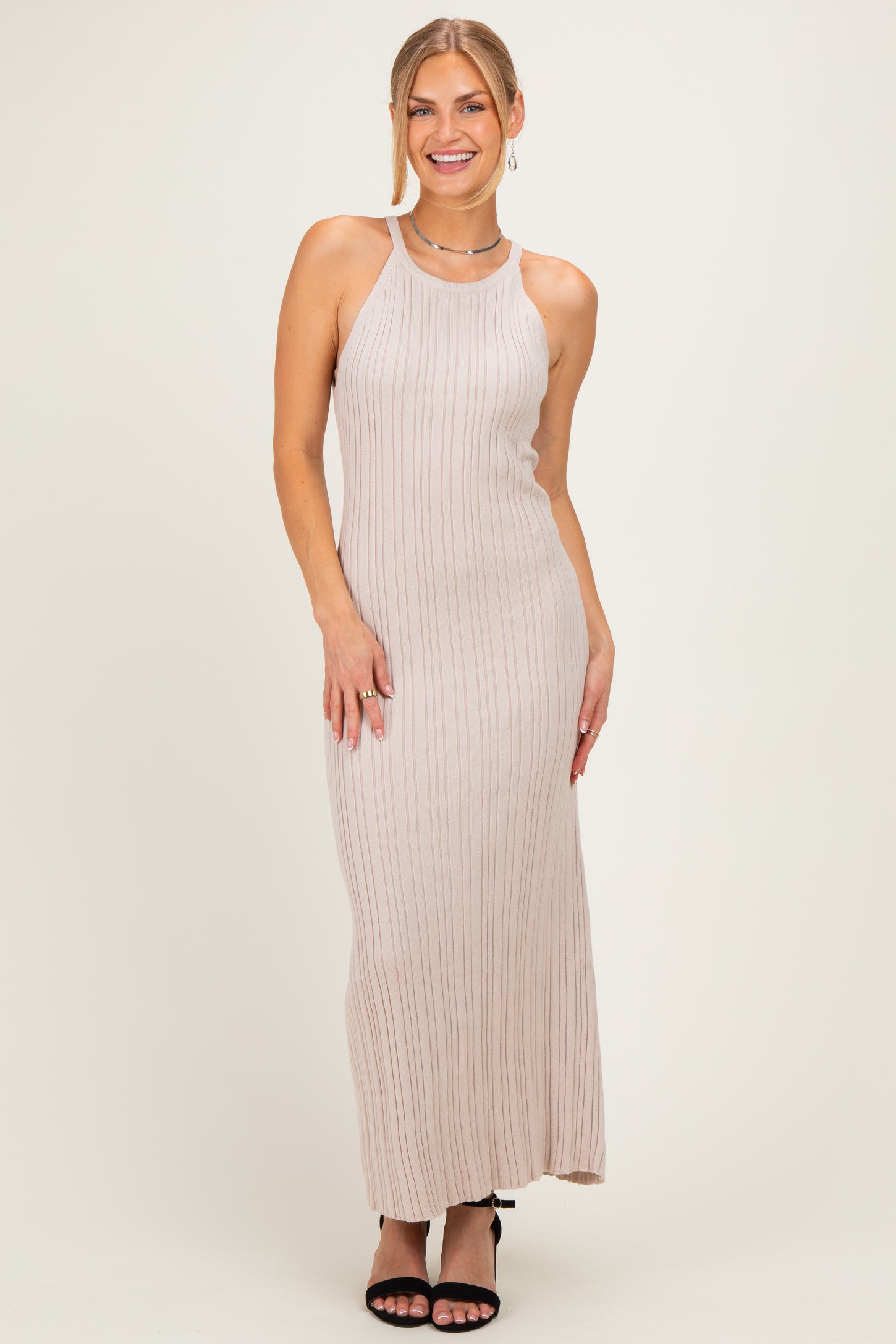 Sand Halter Ribbed Knit Maxi Dress