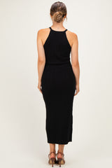 Black Halter Ribbed Knit Maternity Maxi Dress