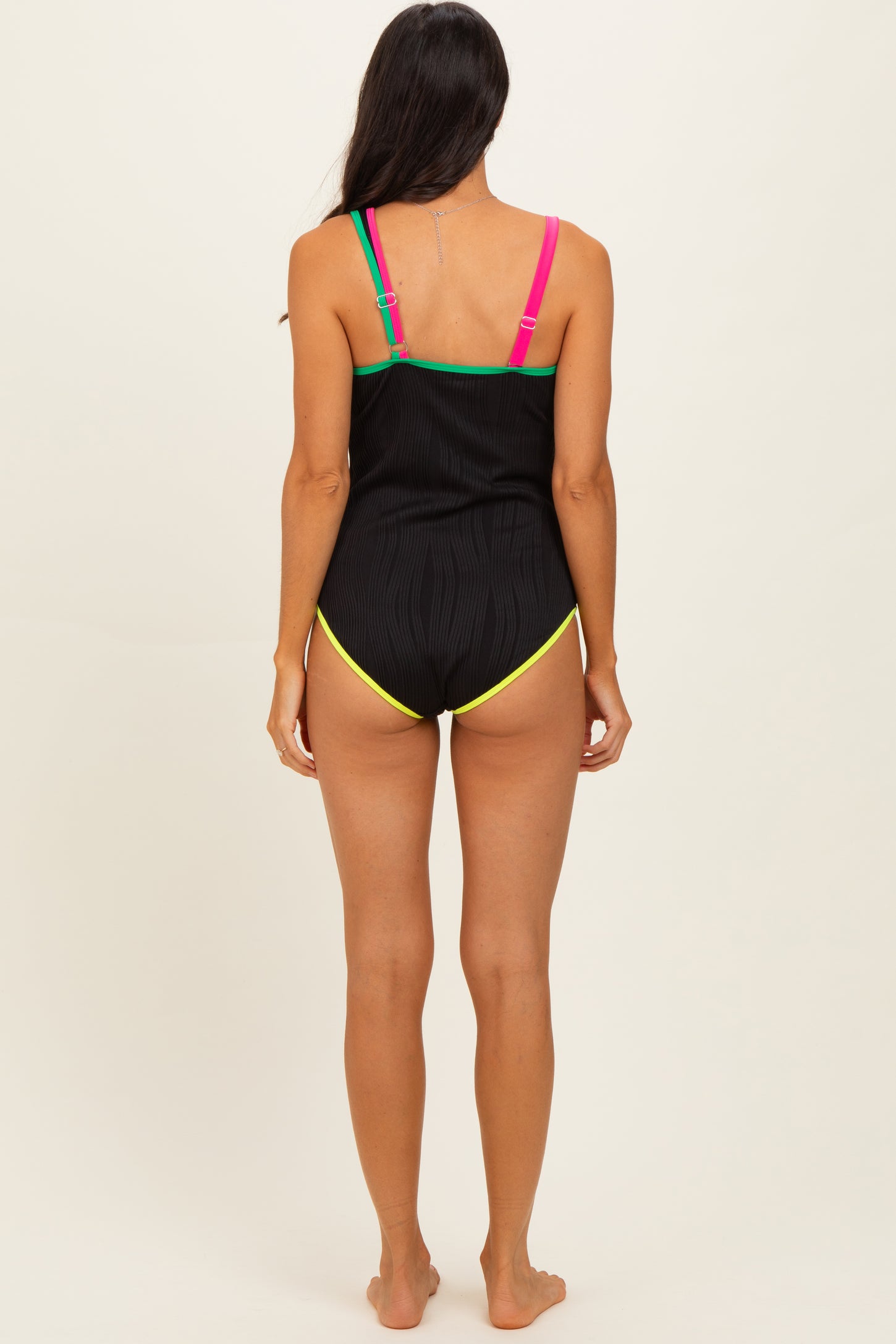 Black Multicolor Trim One Shoulder One Piece Swimsuit
