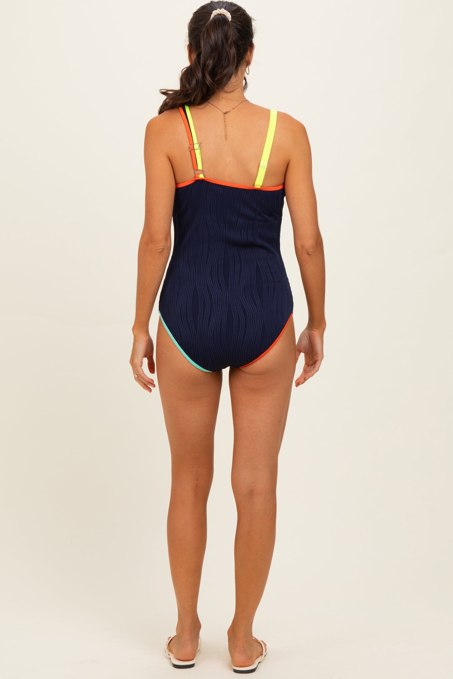 Navy Multicolor Trim One Shoulder One Piece Swimsuit