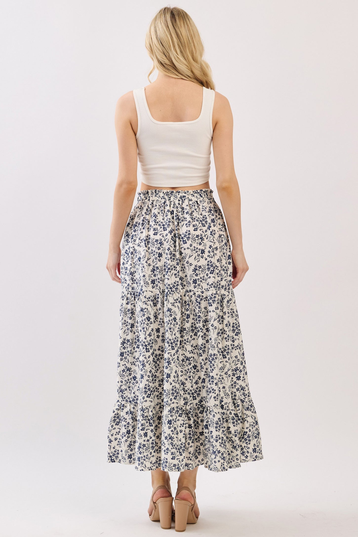 Cream Tiered Floral Print Maxi Skirt