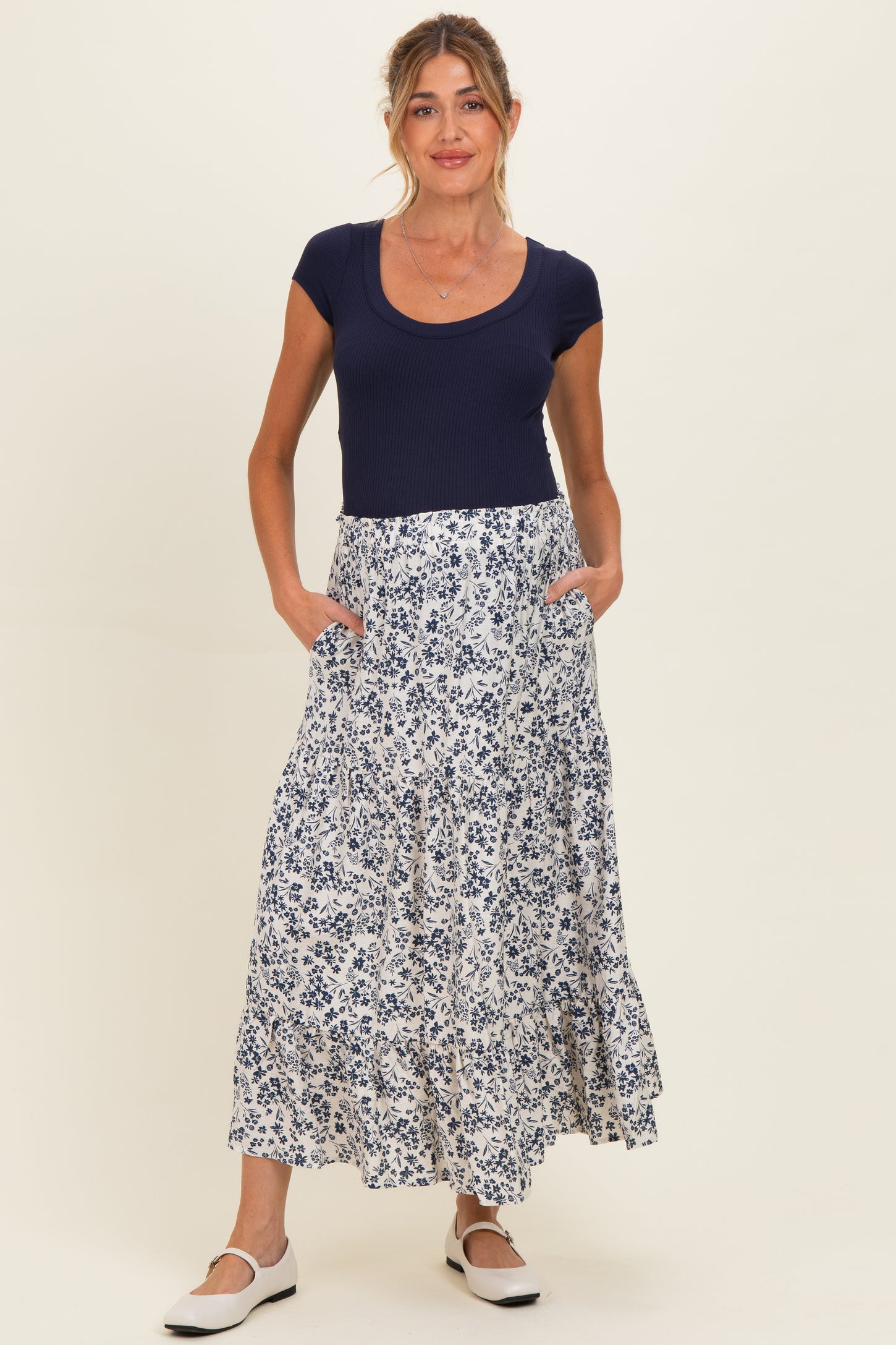 Cream Tiered Floral Print Maternity Maxi Skirt