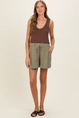 Olive Drawstring Pleated Maternity Shorts