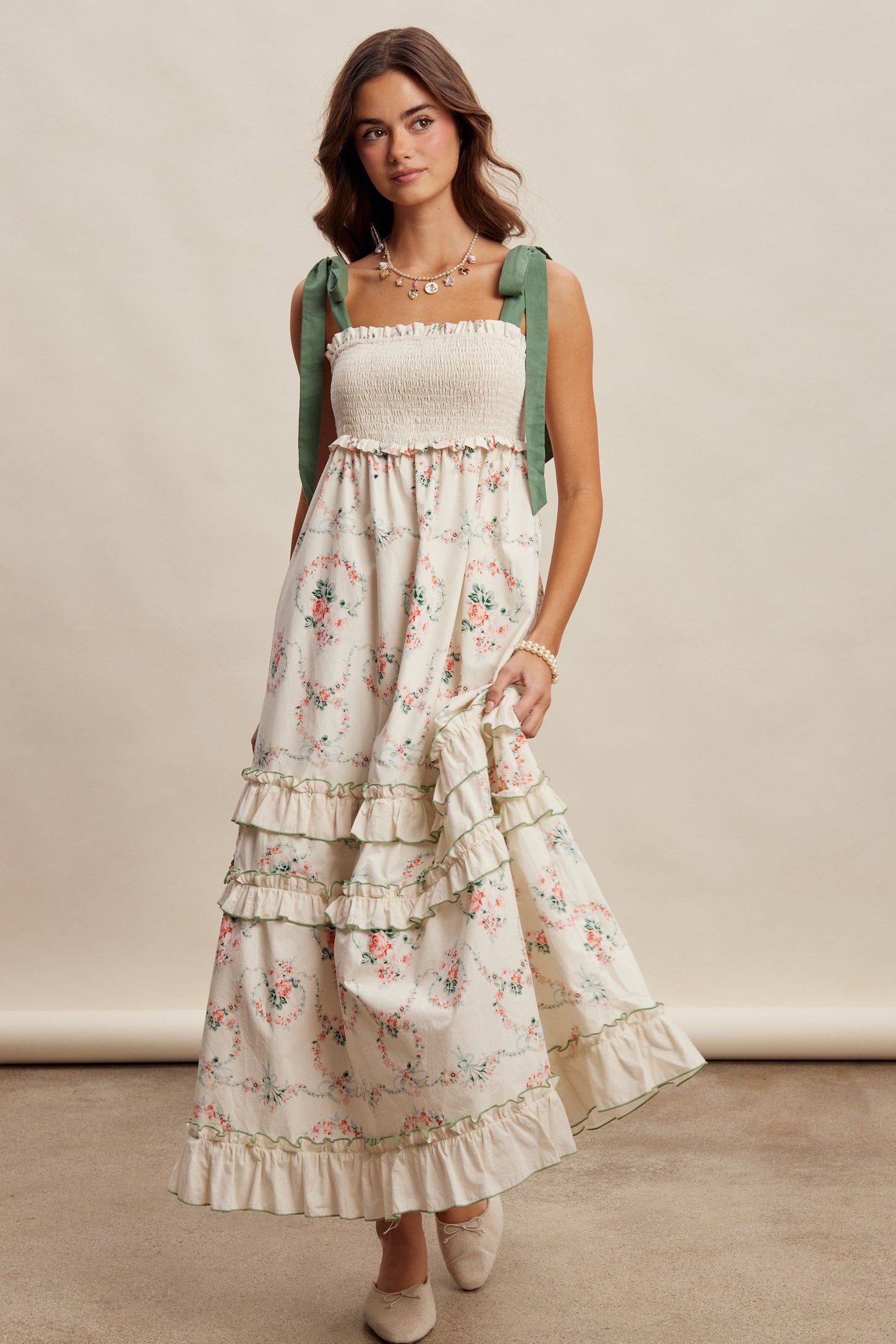 Ivory Floral Smocked Shoulder Tie Tiered Maternity Maxi Dress