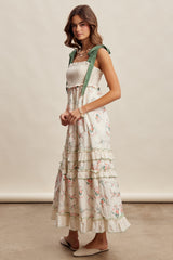 Ivory Floral Smocked Shoulder Tie Tiered Maxi Dress