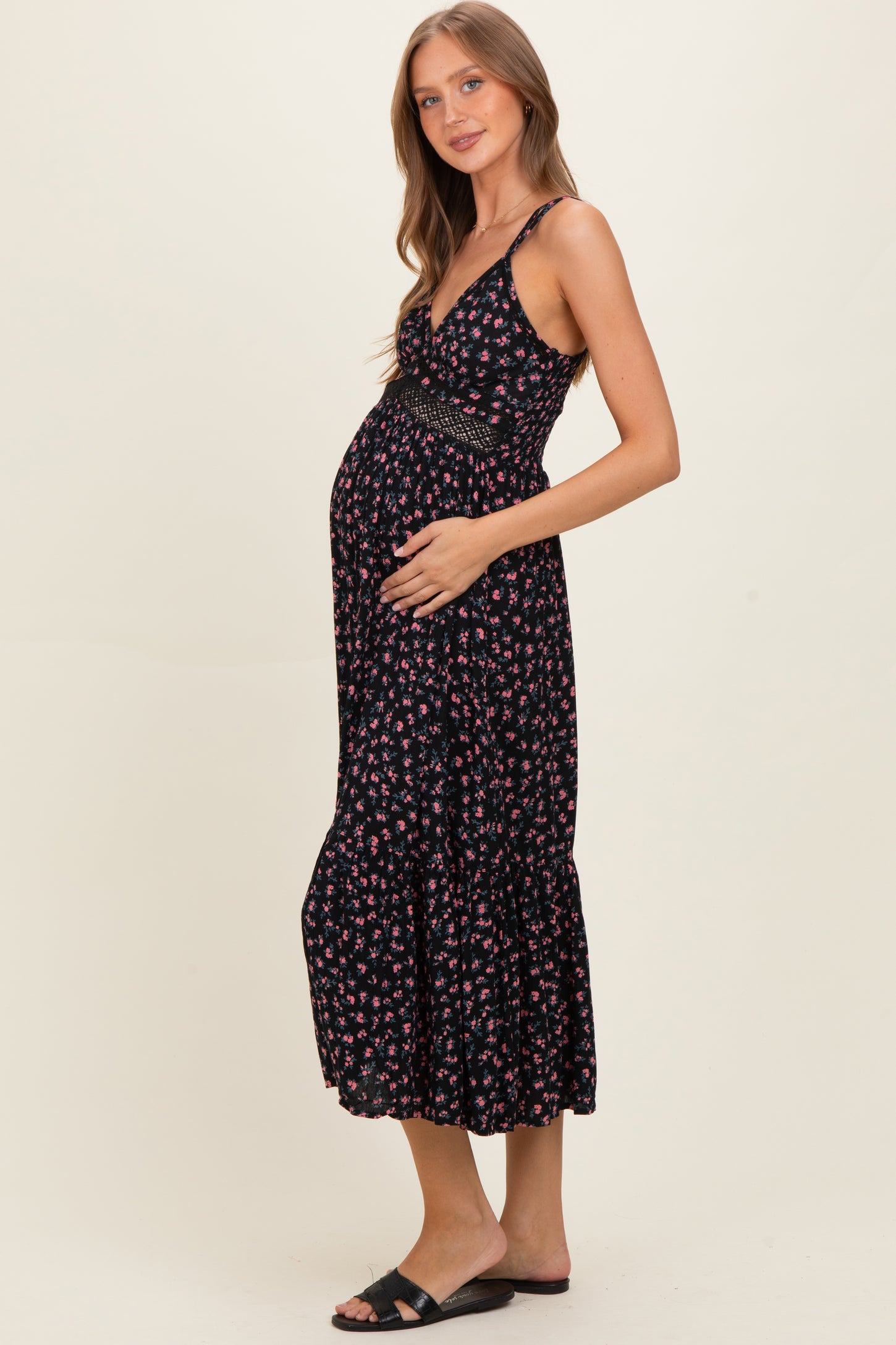 Black Floral Lace Detail Strappy Maternity Maxi Dress