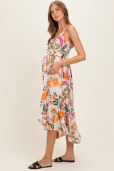 Ivory Floral V-Neck Tiered Hem Maternity Midi Dress