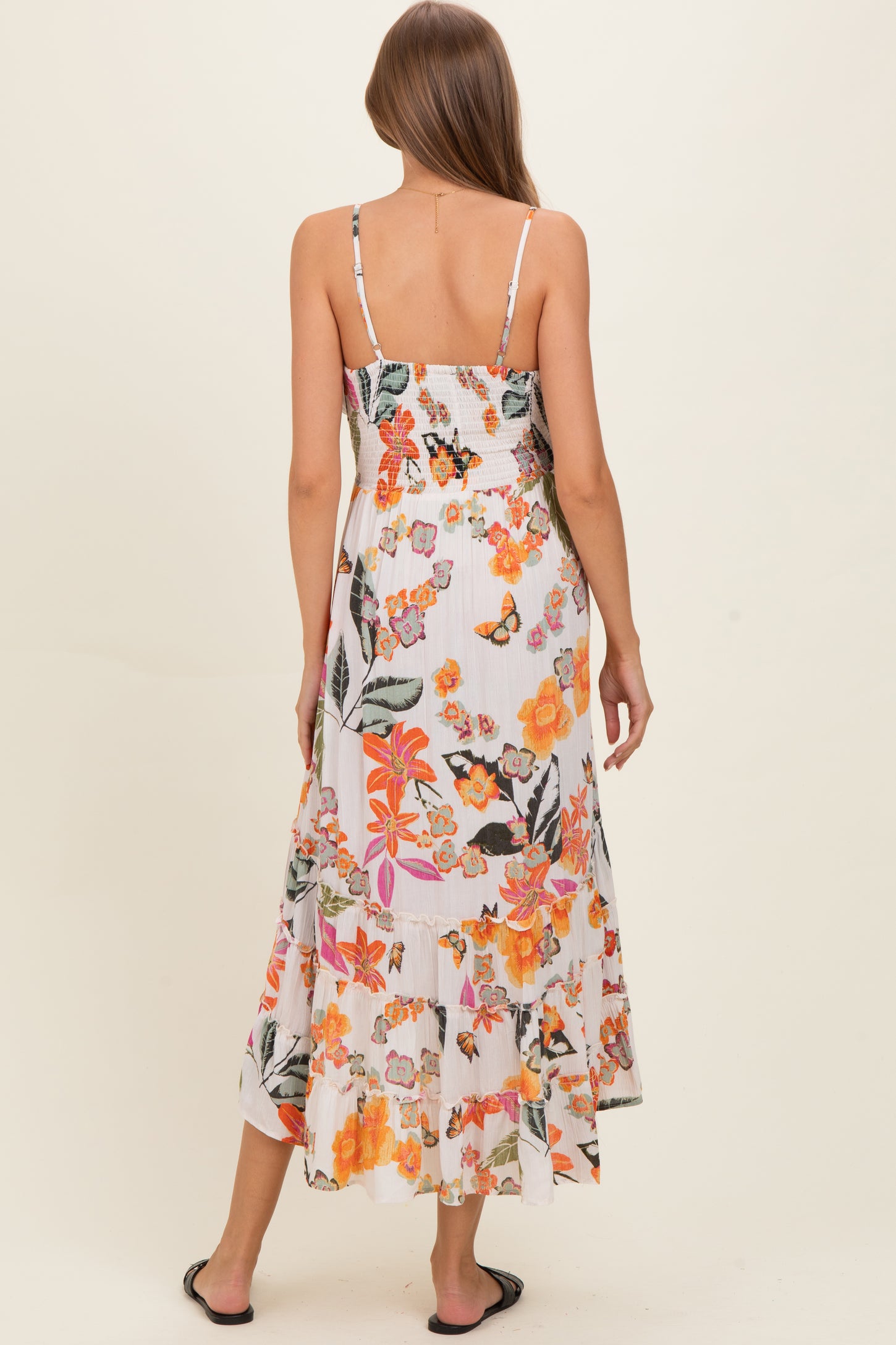 Ivory Floral V-Neck Tiered Hem Maternity Midi Dress