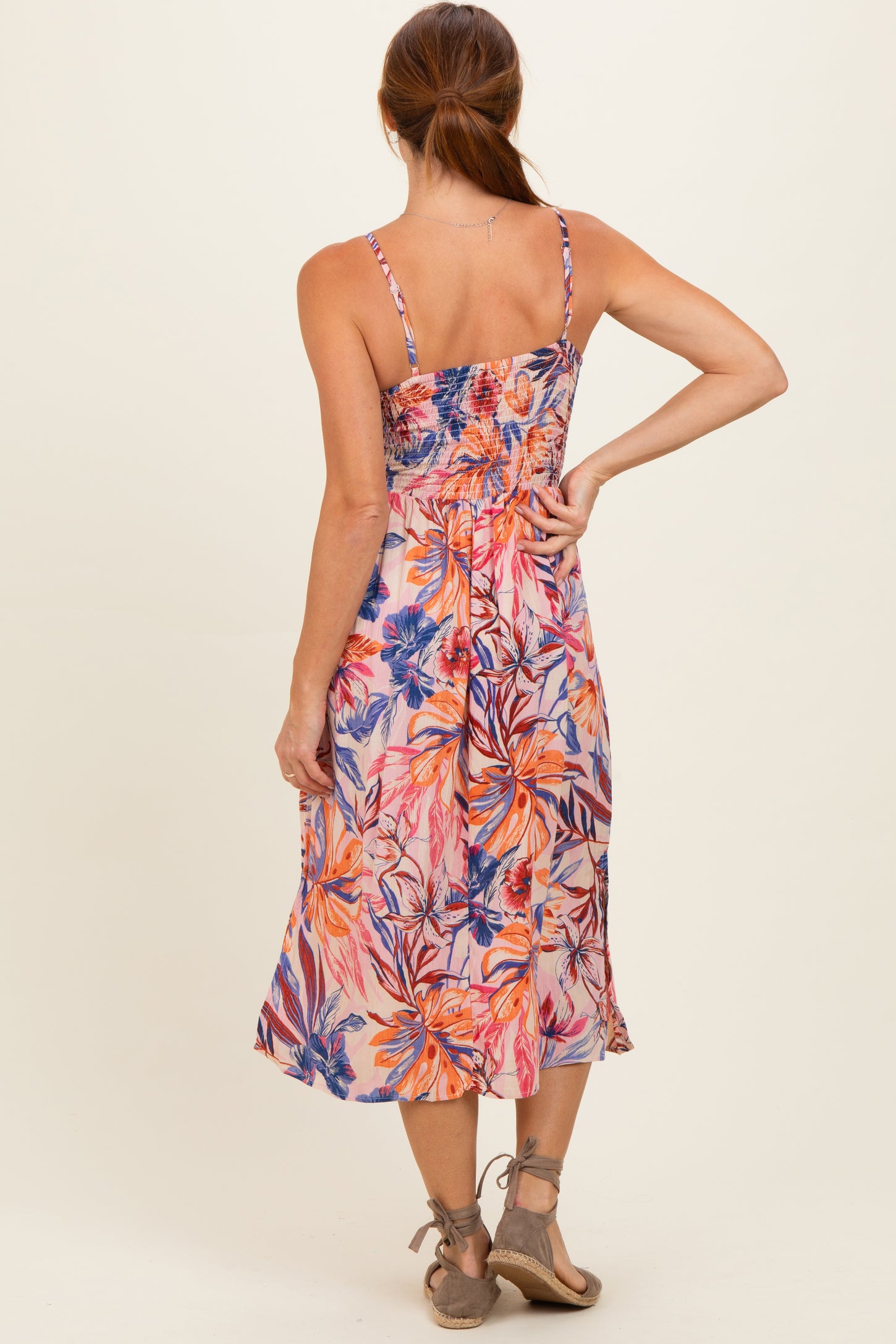 Pink Tropical Floral Twisted Front Cutout Midi Dress