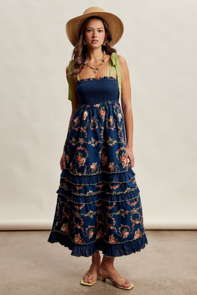 Navy Floral Smocked Shoulder Tie Tiered Maxi Dress