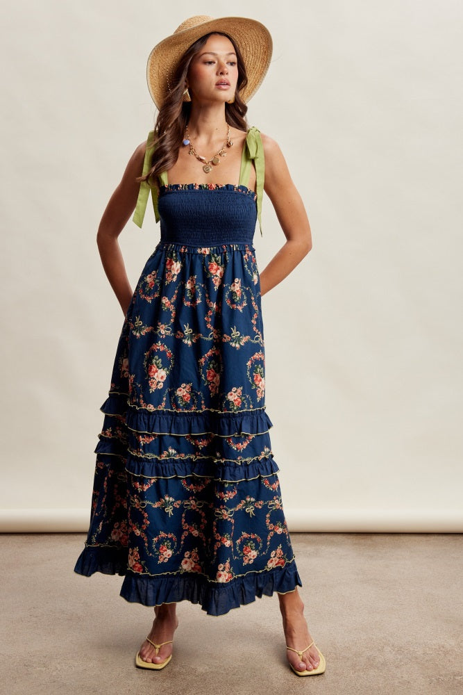 Navy Floral Smocked Shoulder Tie Tiered Maxi Dress