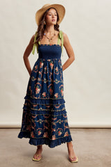 Navy Floral Smocked Shoulder Tie Tiered Maxi Dress