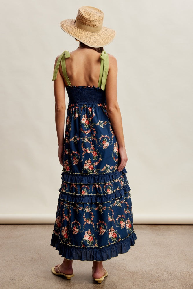 Navy Floral Smocked Shoulder Tie Tiered Maxi Dress