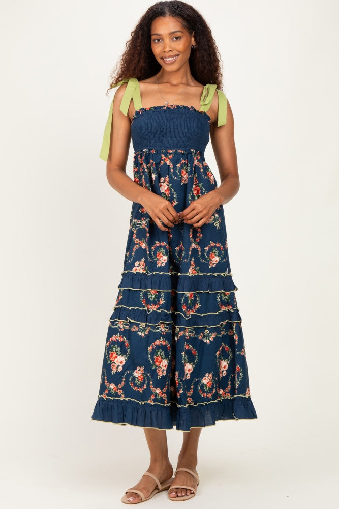 Navy Floral Smocked Shoulder Tie Tiered Maxi Dress